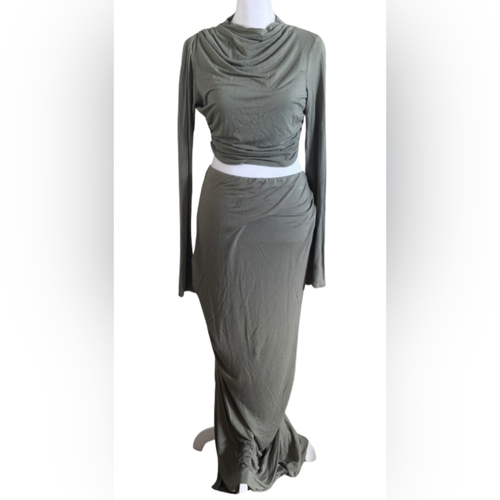 Free People FP Beach Olive Green Long Sleeve Maxi Skirt Set
